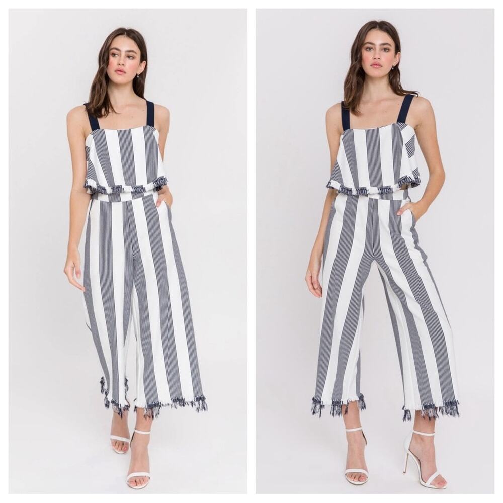 ENGLISH FACTORY Women’s Stripe Fringe Hem Wide Leg Crop Pants Flowy Tank Top